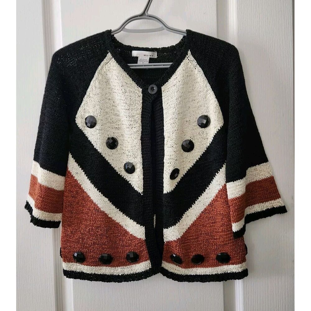 WD-NY Womens Knit Cardigan 3/4 Sleeve Single Button Closure Cotton Blend Black S